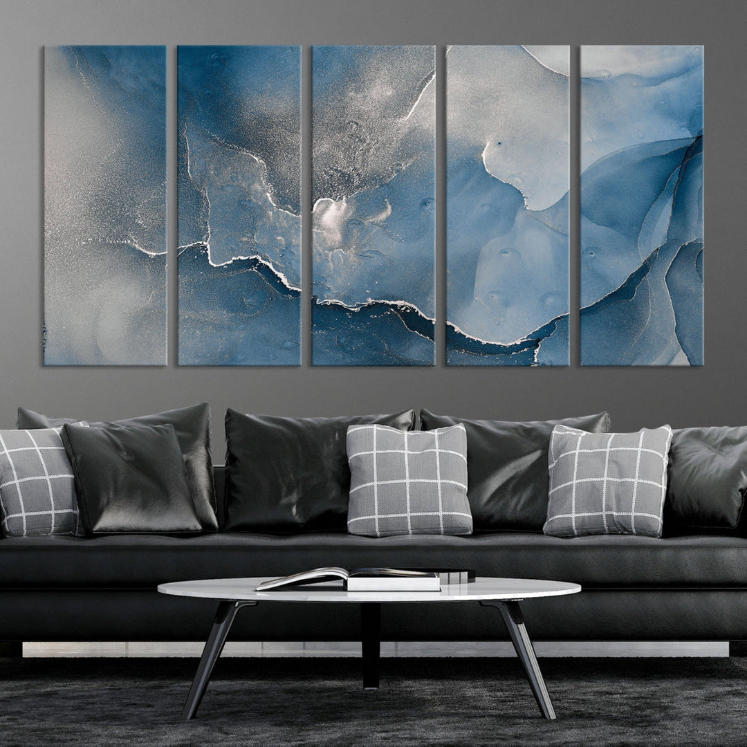 Blue Gray Marble Fluid Effect Abstract Painting on Canvas Large Print Wall Art