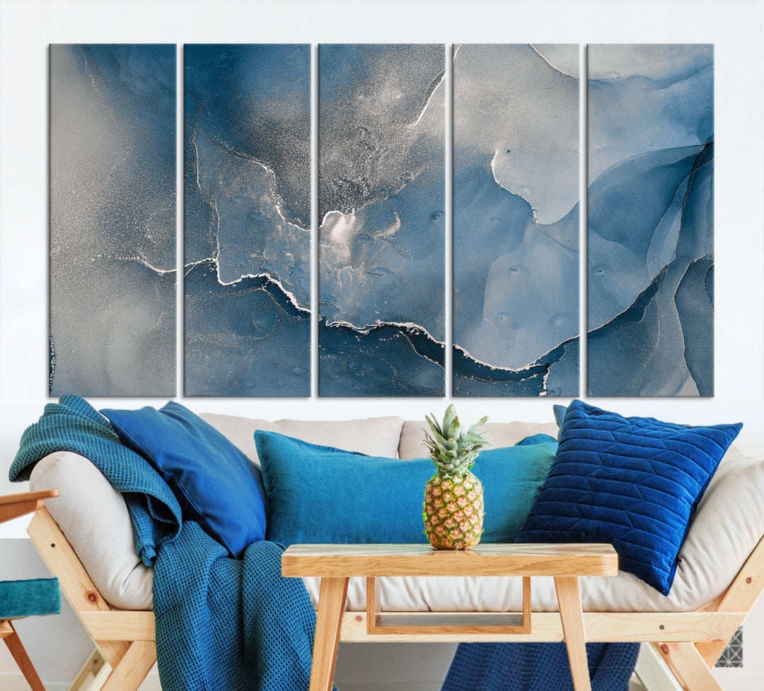 Blue Gray Marble Fluid Effect Abstract Painting on Canvas Large Print Wall Art