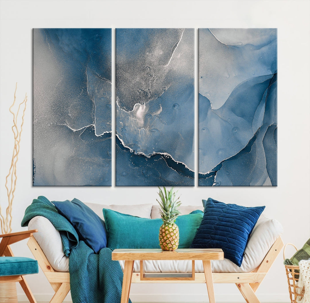 Blue Gray Marble Fluid Effect Abstract Painting on Canvas Large Print Wall Art