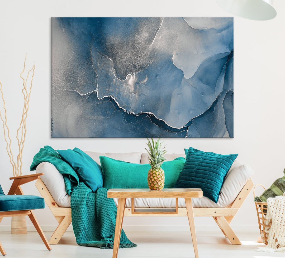 Blue Gray Marble Fluid Effect Abstract Painting on Canvas Large Print Wall Art