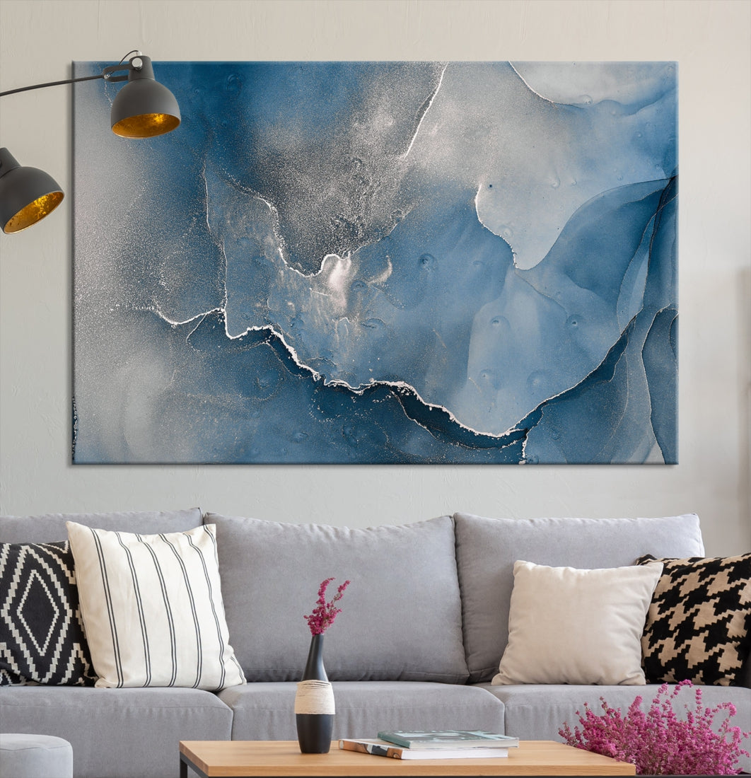 Blue Gray Marble Fluid Effect Abstract Painting on Canvas Large Print Wall Art