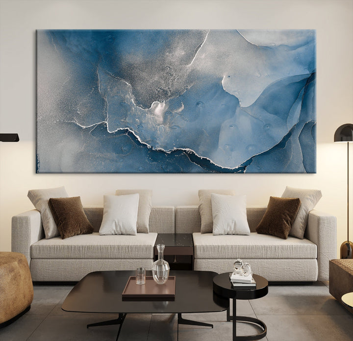 Blue Gray Marble Fluid Effect Abstract Painting on Canvas Large Print Wall Art