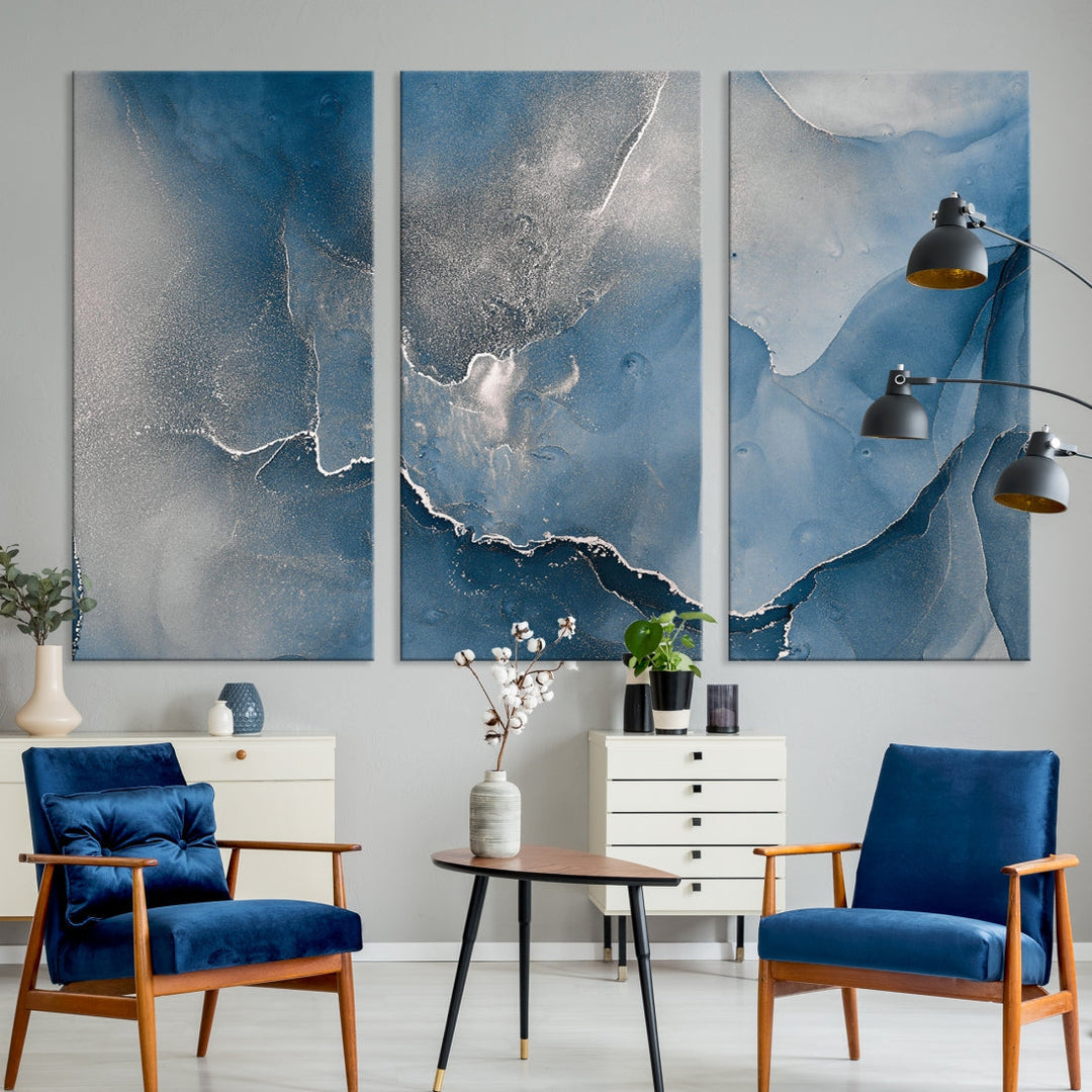 Blue Gray Marble Fluid Effect Abstract Painting on Canvas Large Print Wall Art