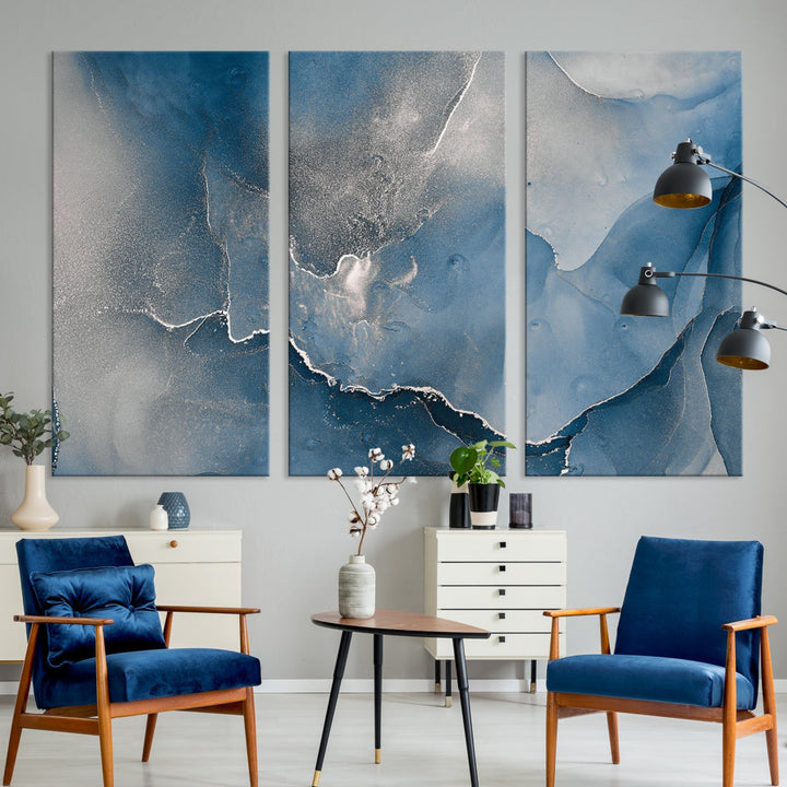 Blue Gray Marble Fluid Effect Abstract Painting on Canvas Large Print Wall Art