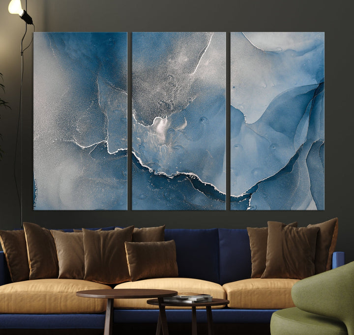 Blue Gray Marble Fluid Effect Abstract Painting on Canvas Large Print Wall Art