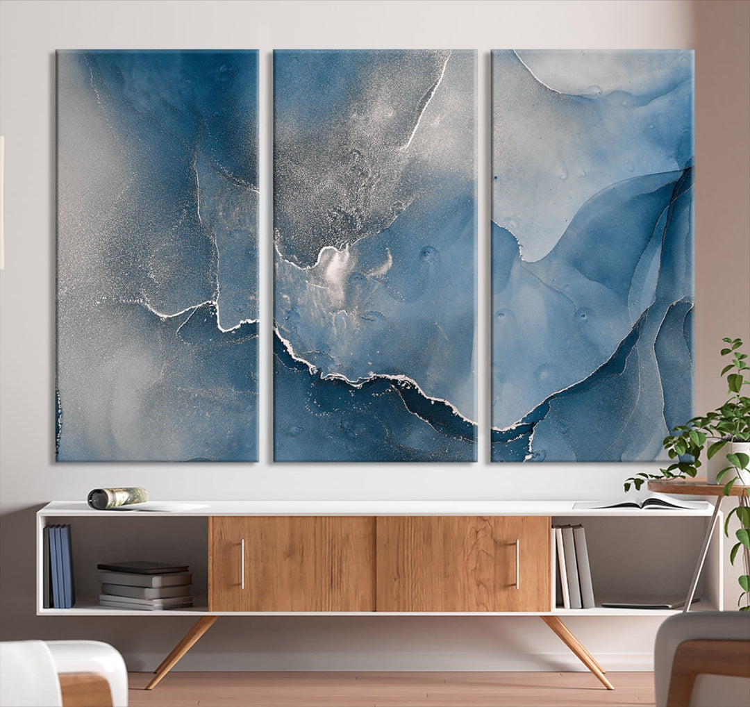 Blue Gray Marble Fluid Effect Abstract Painting on Canvas Large Print Wall Art