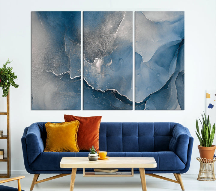 Blue Gray Marble Fluid Effect Abstract Painting on Canvas Large Print Wall Art