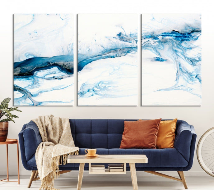 Blue Icy Abstract Wall Art Modern Painting Canvas Wall Decor Framed Print