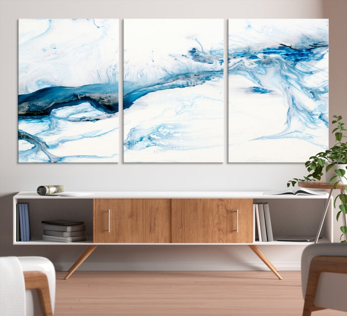 Blue Icy Abstract Wall Art Modern Painting Canvas Wall Decor Framed Print