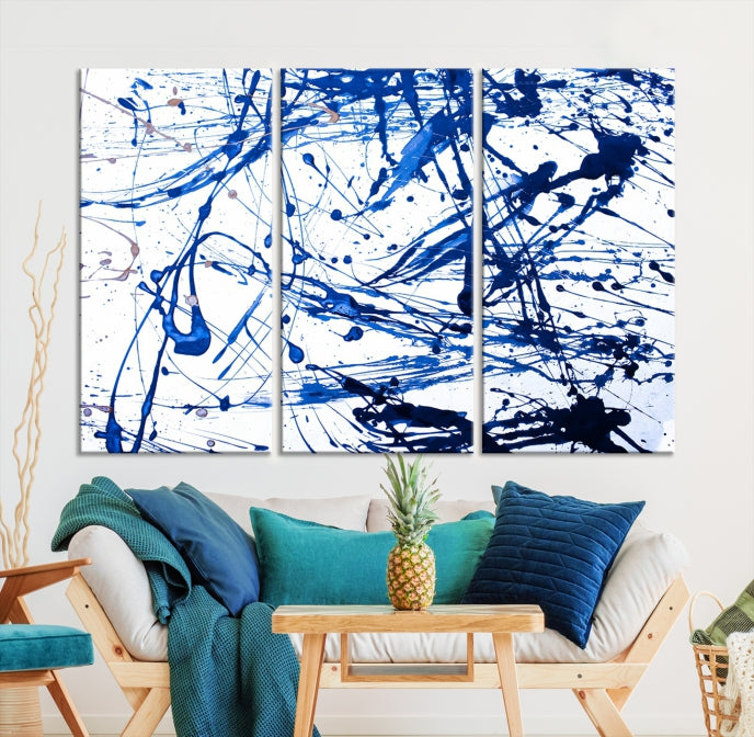 Blue Ink Splash Large Abstract Wall Art Canvas Print Framed