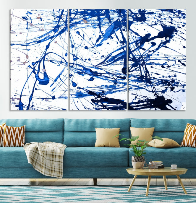 Blue Ink Splash Large Abstract Wall Art Canvas Print Framed