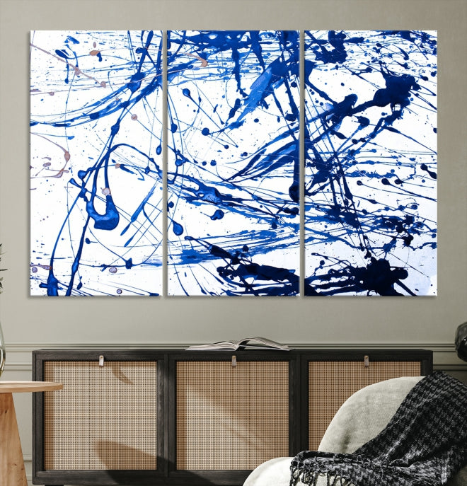 Blue Ink Splash Large Abstract Wall Art Canvas Print Framed