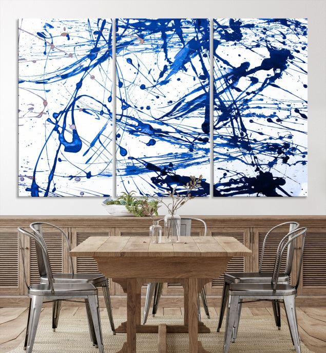 Blue Ink Splash Large Abstract Wall Art Canvas Print Framed