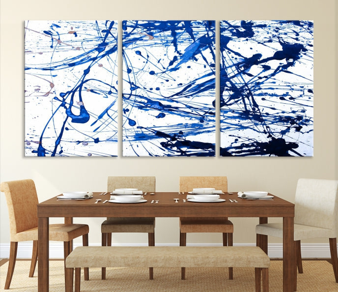 Blue Ink Splash Large Abstract Wall Art Canvas Print Framed