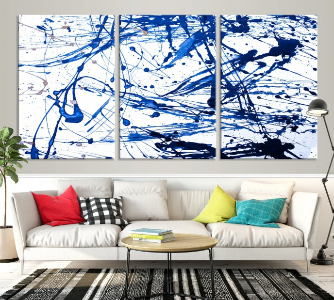 Blue Ink Splash Large Abstract Wall Art Canvas Print Framed