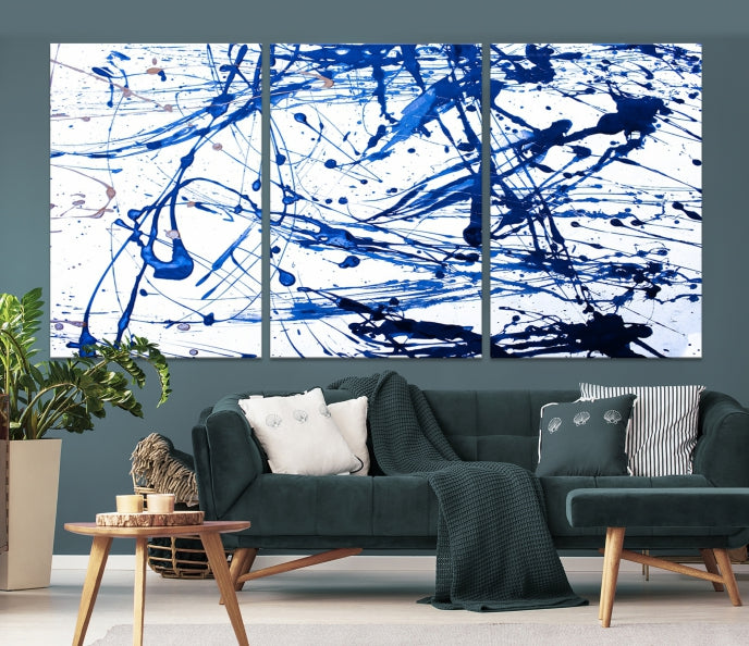 Blue Ink Splash Large Abstract Wall Art Canvas Print Framed