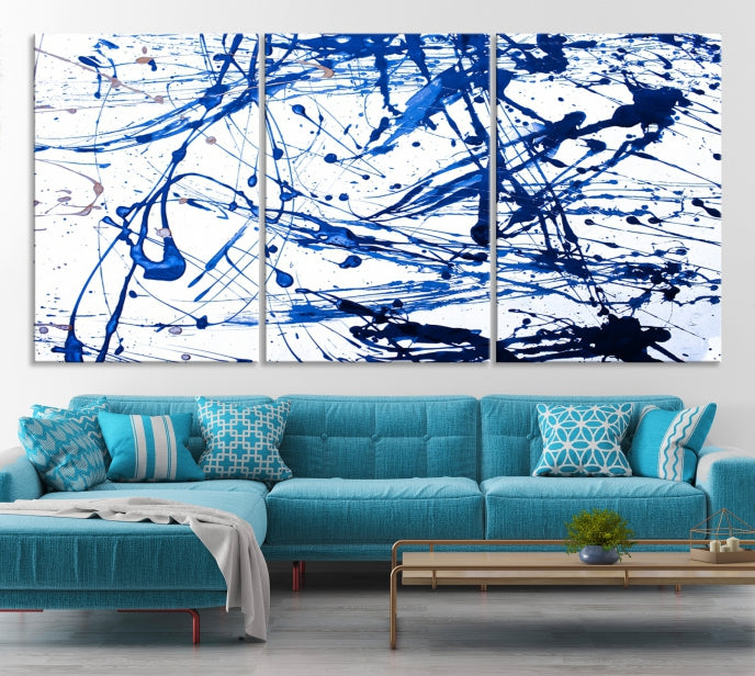 Blue Ink Splash Large Abstract Wall Art Canvas Print Framed