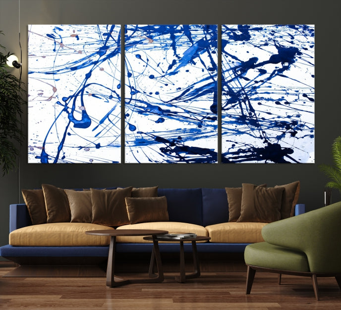 Blue Ink Splash Large Abstract Wall Art Canvas Print Framed