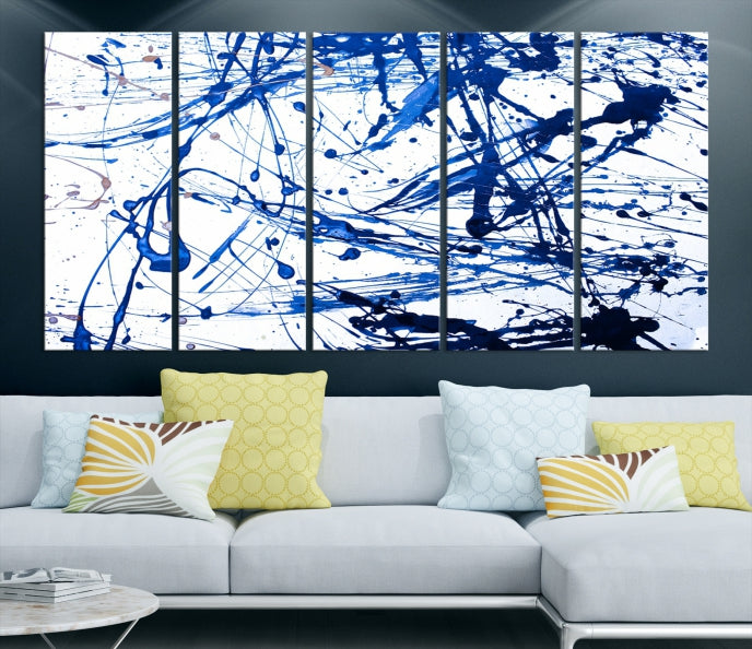 Blue Ink Splash Large Abstract Wall Art Canvas Print Framed