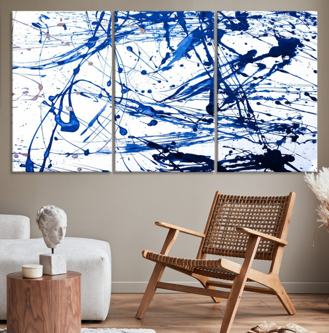 Blue Ink Splash Large Abstract Wall Art Canvas Print Framed