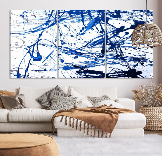 Blue Ink Splash Large Abstract Wall Art Canvas Print Framed