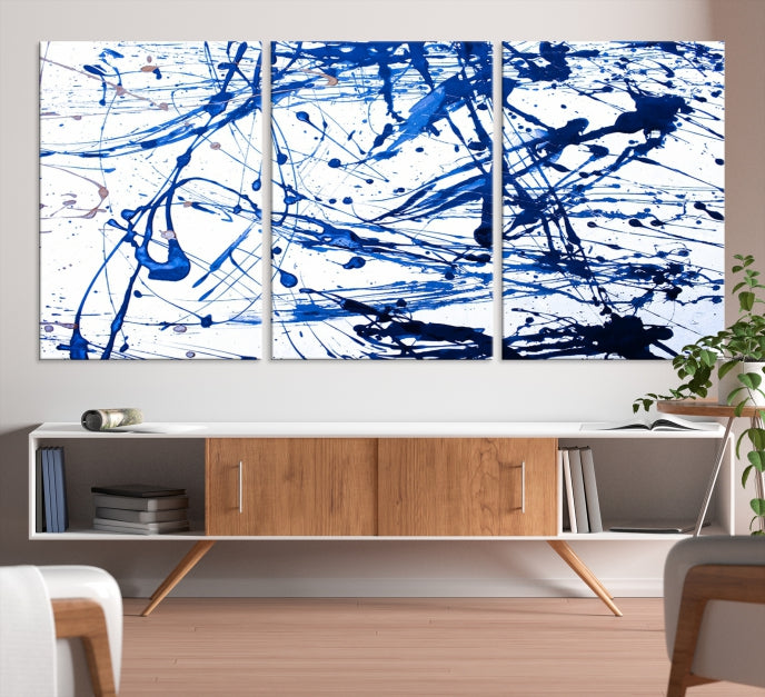 Blue Ink Splash Large Abstract Wall Art Canvas Print Framed