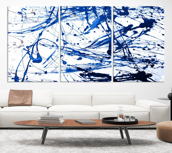 Blue Ink Splash Large Abstract Wall Art Canvas Print Framed