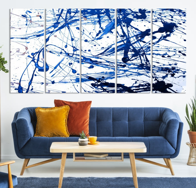 Blue Ink Splash Large Abstract Wall Art Canvas Print Framed