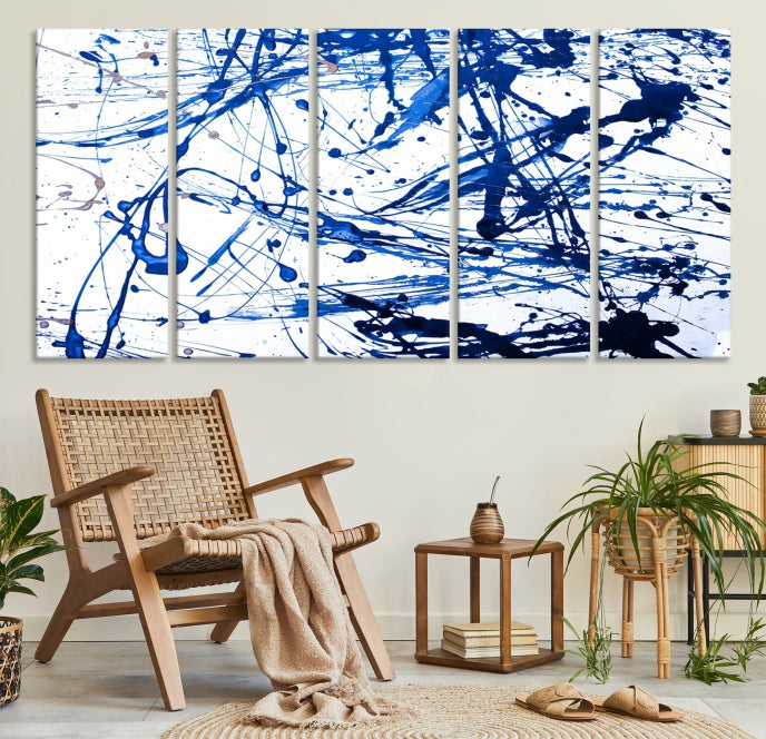 Blue Ink Splash Large Abstract Wall Art Canvas Print Framed