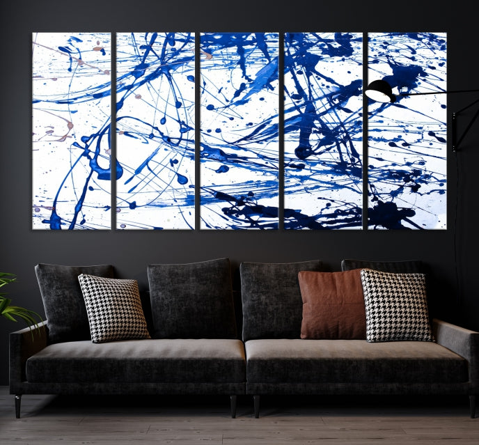 Blue Ink Splash Large Abstract Wall Art Canvas Print Framed