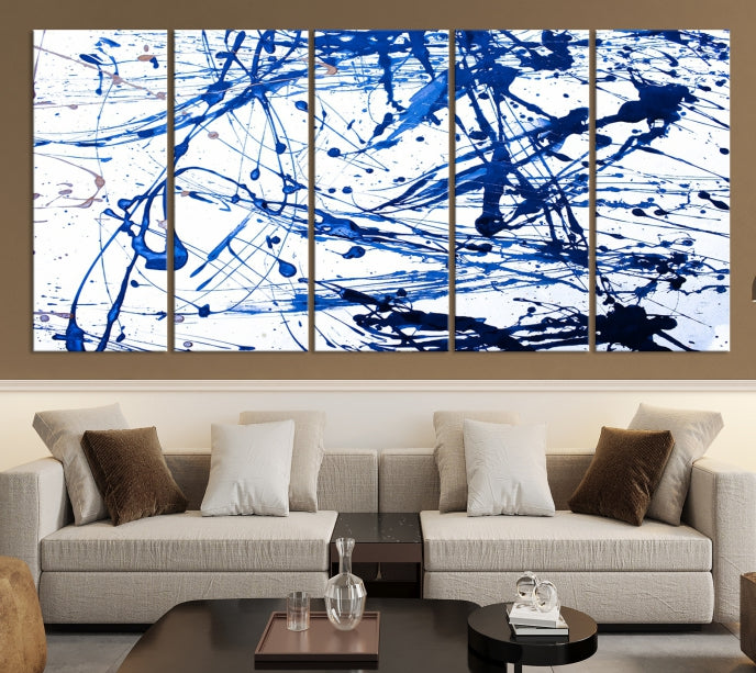 Blue Ink Splash Large Abstract Wall Art Canvas Print Framed