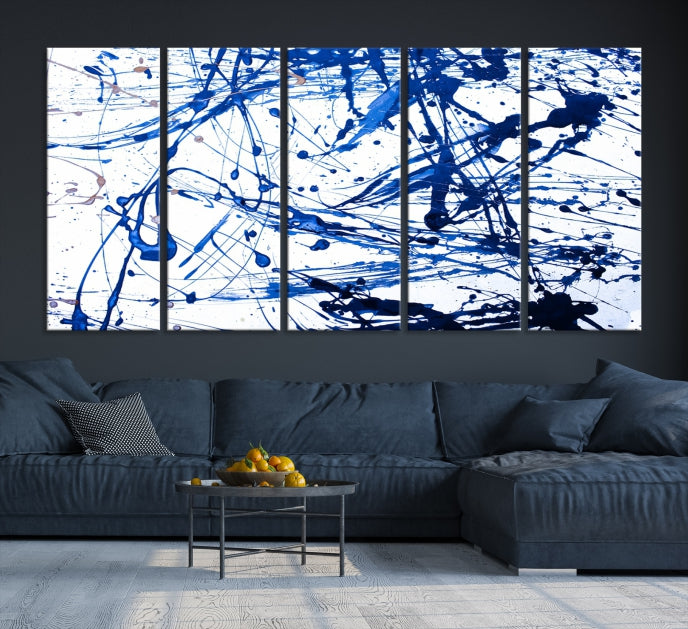 Blue Ink Splash Large Abstract Wall Art Canvas Print Framed