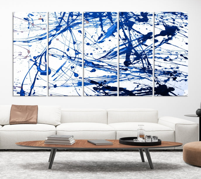 Blue Ink Splash Large Abstract Wall Art Canvas Print Framed