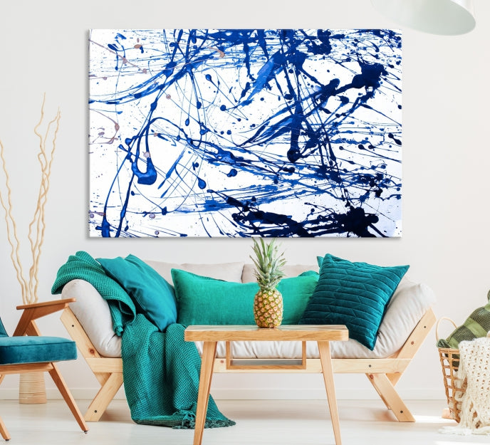 Blue Ink Splash Large Abstract Wall Art Canvas Print Framed