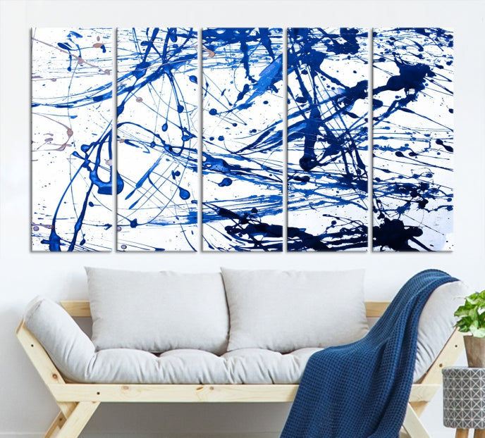 Blue Ink Splash Large Abstract Wall Art Canvas Print Framed