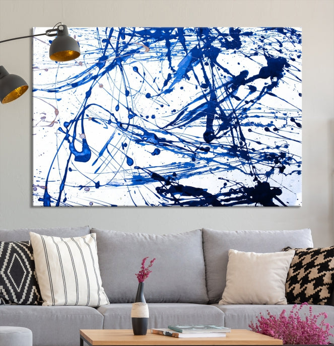 Blue Ink Splash Large Abstract Wall Art Canvas Print Framed