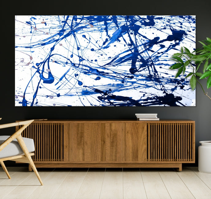 Blue Ink Splash Large Abstract Wall Art Canvas Print Framed