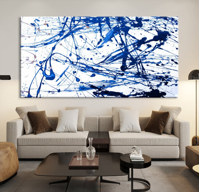 Blue Ink Splash Large Abstract Wall Art Canvas Print Framed