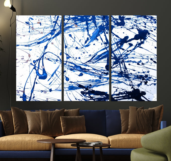 Blue Ink Splash Large Abstract Wall Art Canvas Print Framed