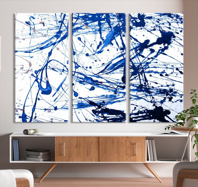 Blue Ink Splash Large Abstract Wall Art Canvas Print Framed