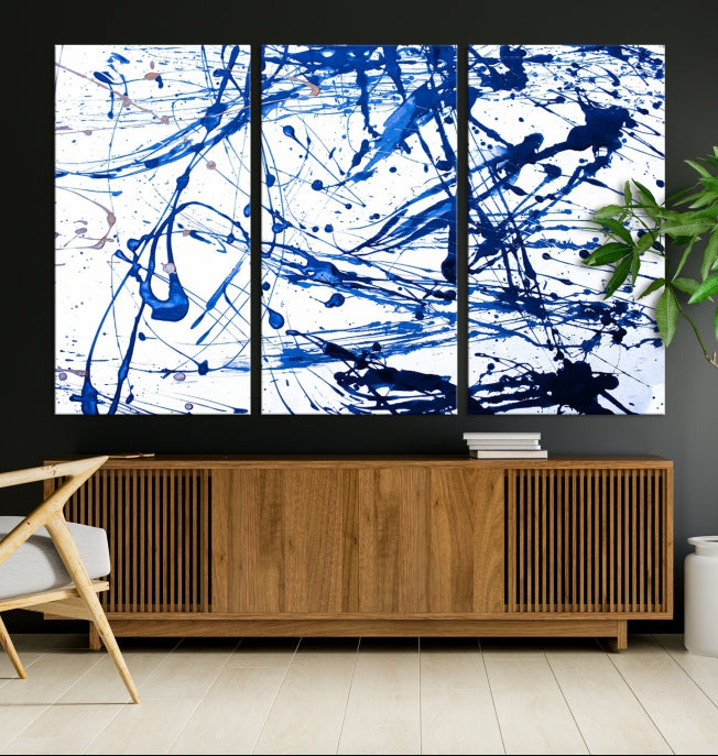 Blue Ink Splash Large Abstract Wall Art Canvas Print Framed