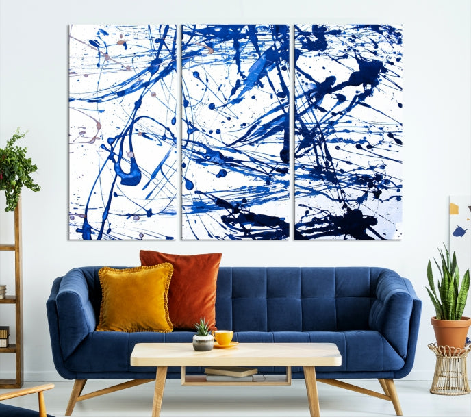 Blue Ink Splash Large Abstract Wall Art Canvas Print Framed