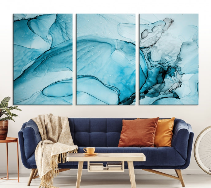 Blue Marble Fluid Effect Large Wall Art Modern Abstract Canvas Print