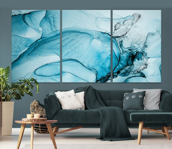 Blue Marble Fluid Effect Large Wall Art Modern Abstract Canvas Print