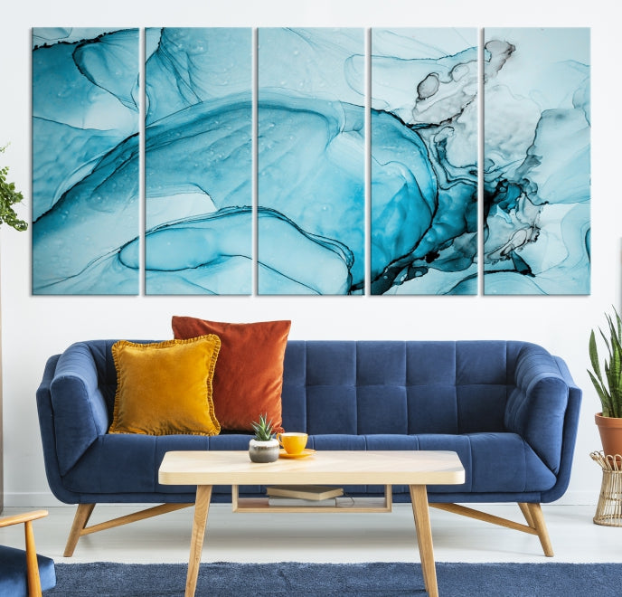 Blue Marble Fluid Effect Large Wall Art Modern Abstract Canvas Print