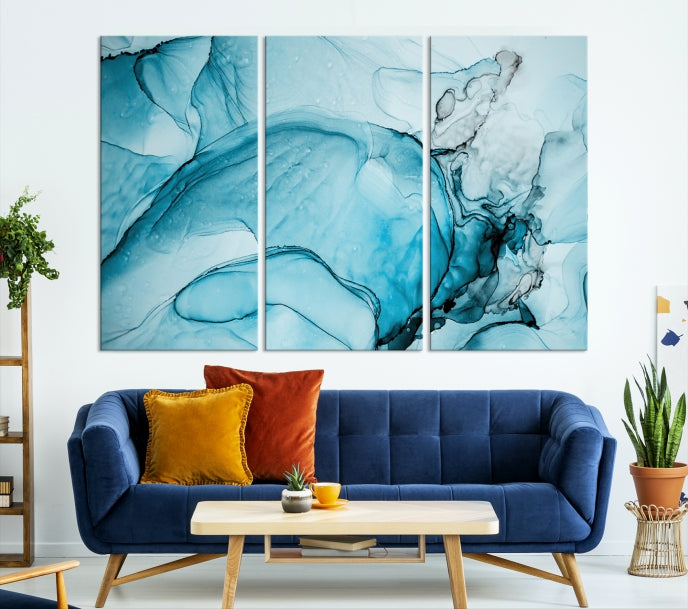 Blue Marble Fluid Effect Large Wall Art Modern Abstract Canvas Print