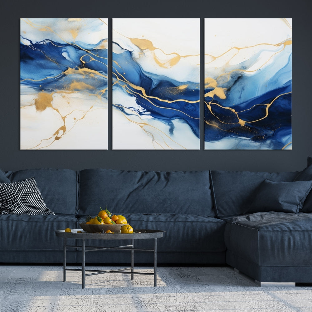 Blue Marble Painting, Set of Canvas Print, Framed Wall Art, Modern Abstract Wall Decor