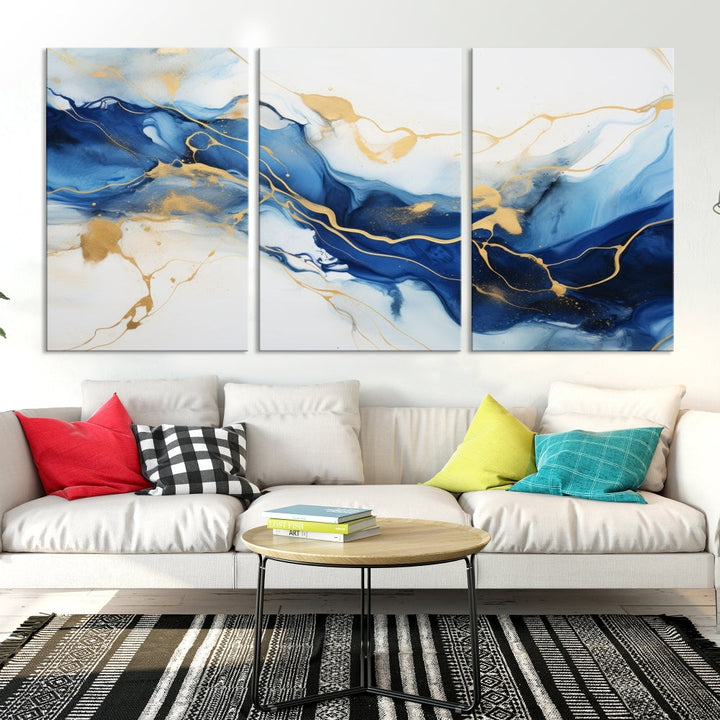 Blue Marble Painting, Set of Canvas Print, Framed Wall Art, Modern Abstract Wall Decor