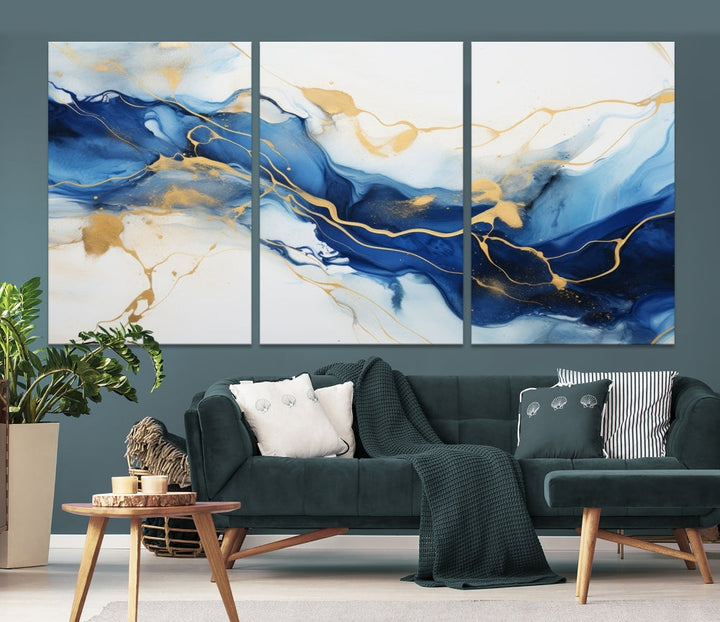 Blue Marble Painting, Set of Canvas Print, Framed Wall Art, Modern Abstract Wall Decor