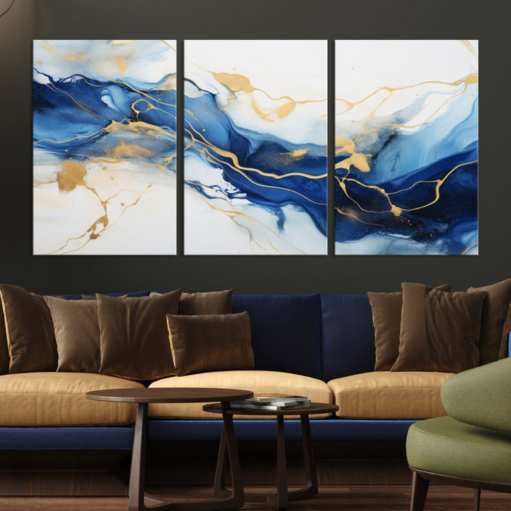 Blue Marble Painting, Set of Canvas Print, Framed Wall Art, Modern Abstract Wall Decor